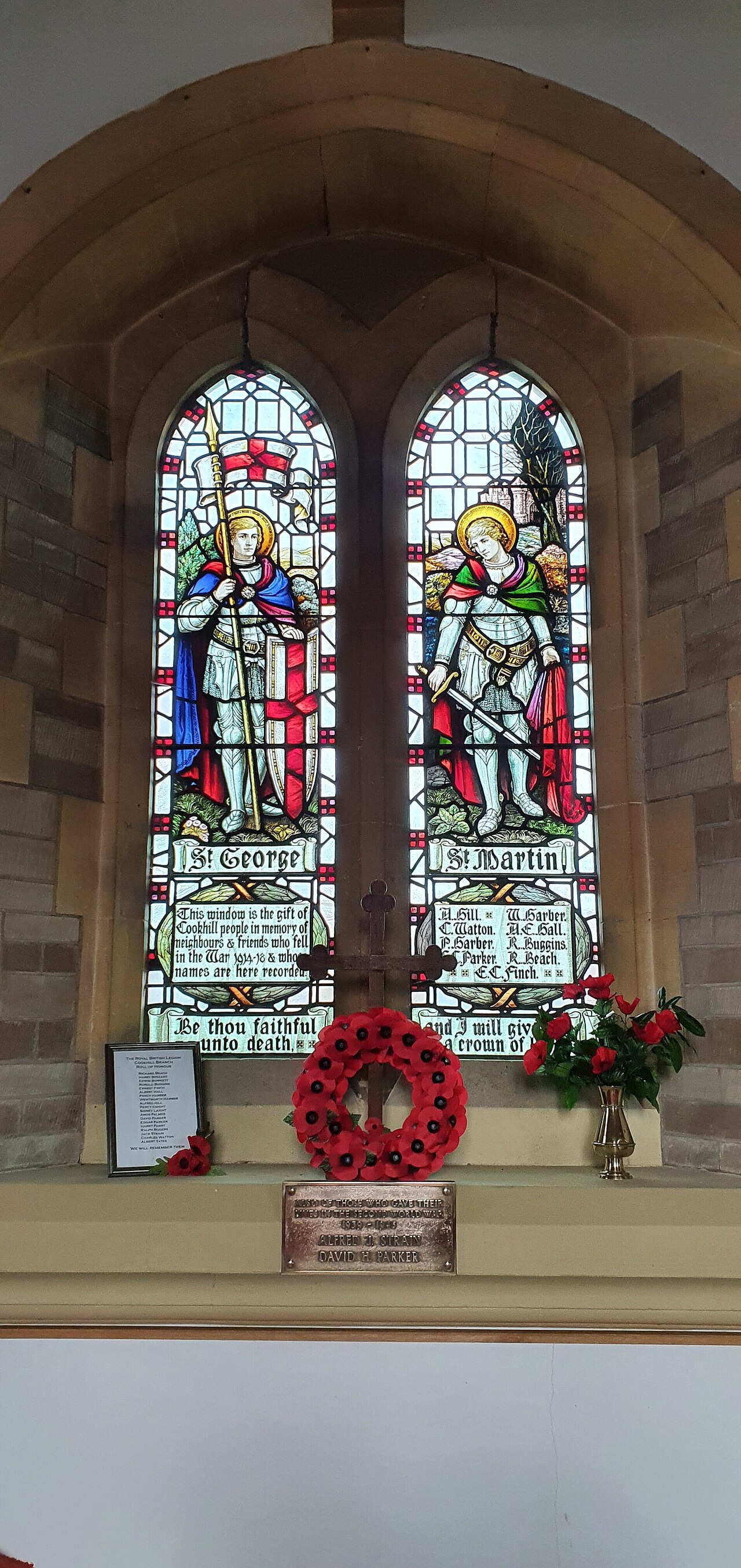 WW1 war memorial window, Roll of Honour and WW2 memorial inside St Paul's church, Cookhill