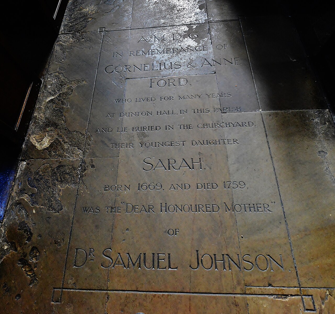 Curdworth, Ss Nicholas and Peter ad Vincula Church, Memorial to Dr. Samuel Johnson's mother
