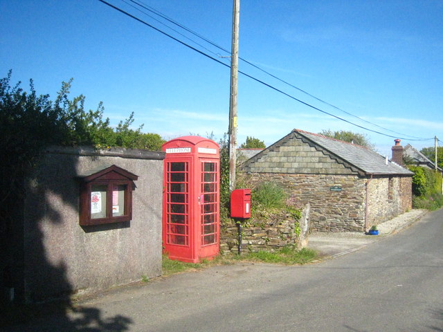 Telephone box, post box ^ bus shelter in Tremail village