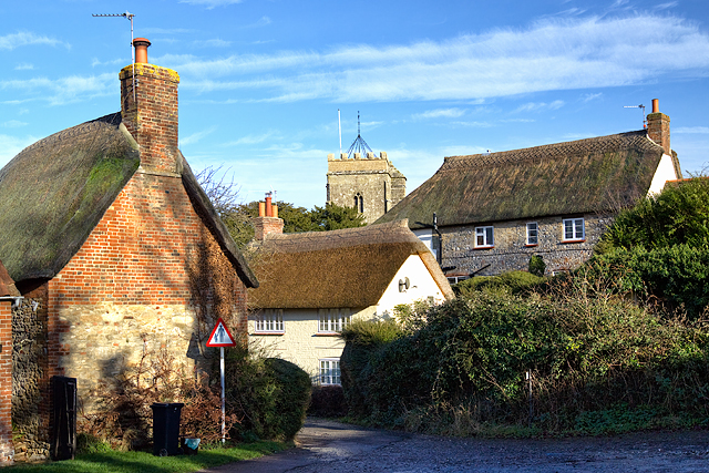 Okeford Fitzpaine cottages and St Andrew's church