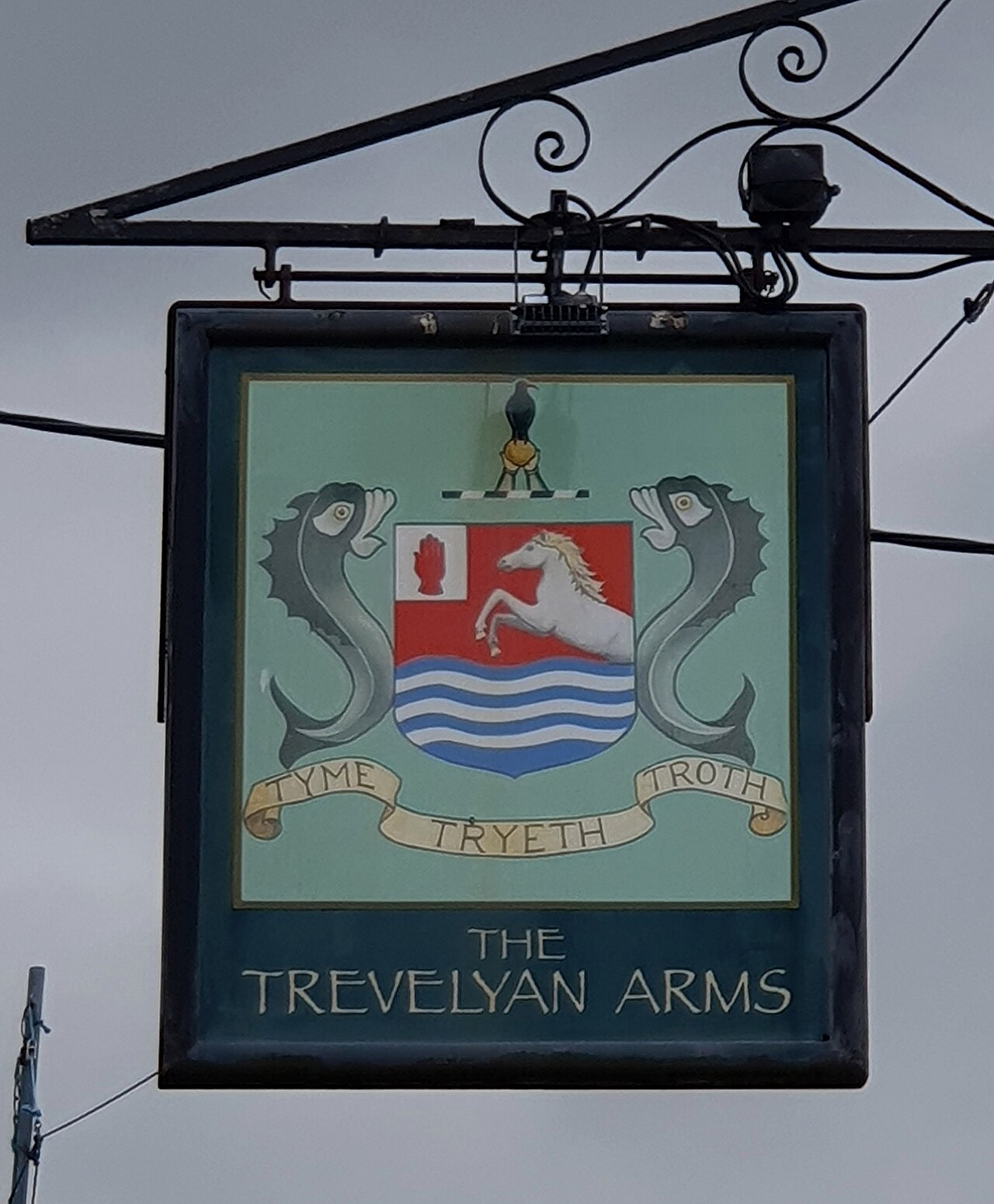 The Trevelyan Arms pub sign, Fore Street, Goldsithney, Cornwall - May 2024
