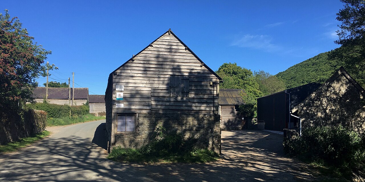 Farm buildings at the entrance to Chapel Lawn village