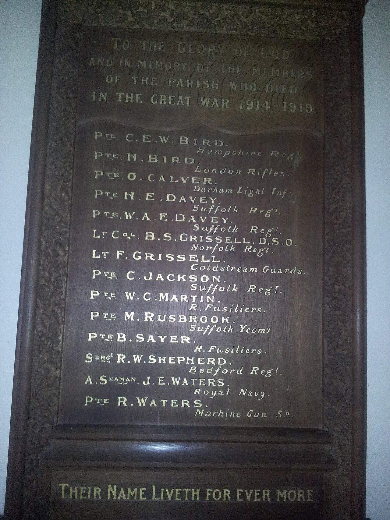War memorial in The church of All Saints, Ringsfield